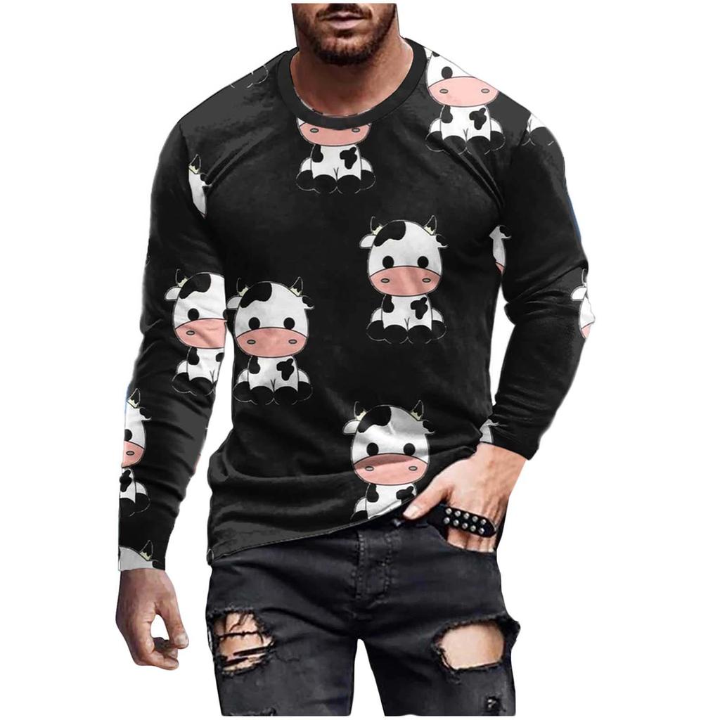 Spring and Autumn Round Neck Spotted Cow Pattern 3D Printed Top Fashionable Casual Long Sleeved Men's T-shirts