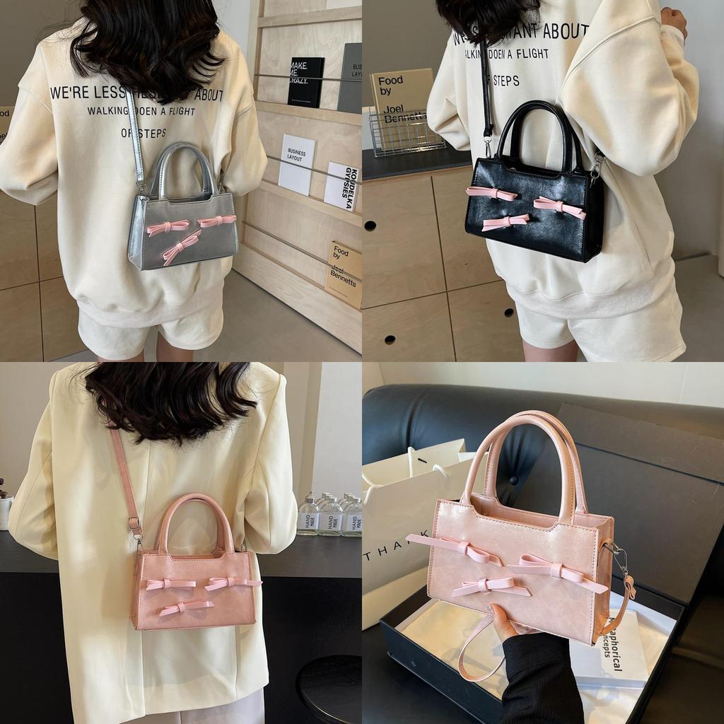 Chic Korean Style Bowknot Crossbody Bag In Black Beige Pink Silver For Women