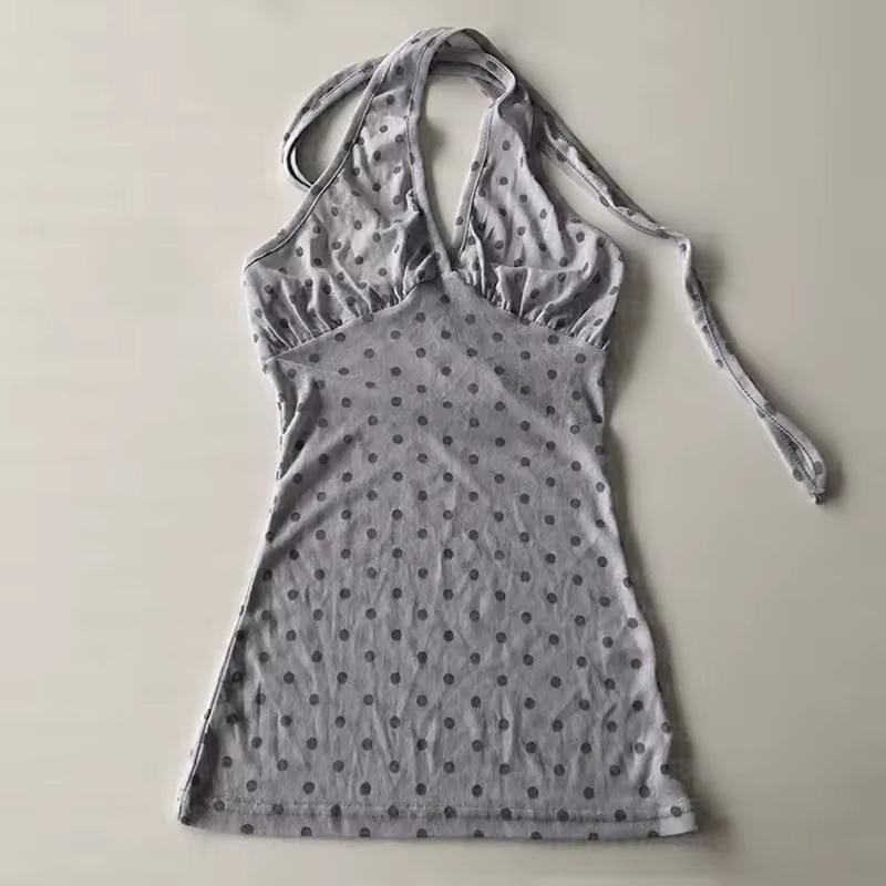 European and American Summer Polka Dot Backless V-neck Fashionable Hanging Neck Strap Design Waist Cinched Women's Vest Top