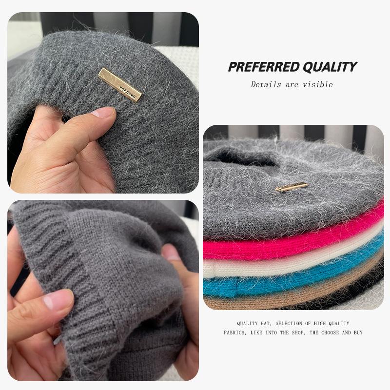 Pălărie cu beretă de păr de iepure pentru femei, toamnă, iarnă, coreeană, gri, pălării de pictor, retro, logo-ul de fier, șapci din fire de muguri