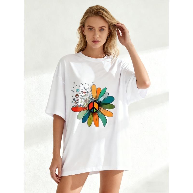 Oversized T Shirt Black Colorful Flower Peace Sign Print Casual Wear For Women Summer Streetwear Fashion Top