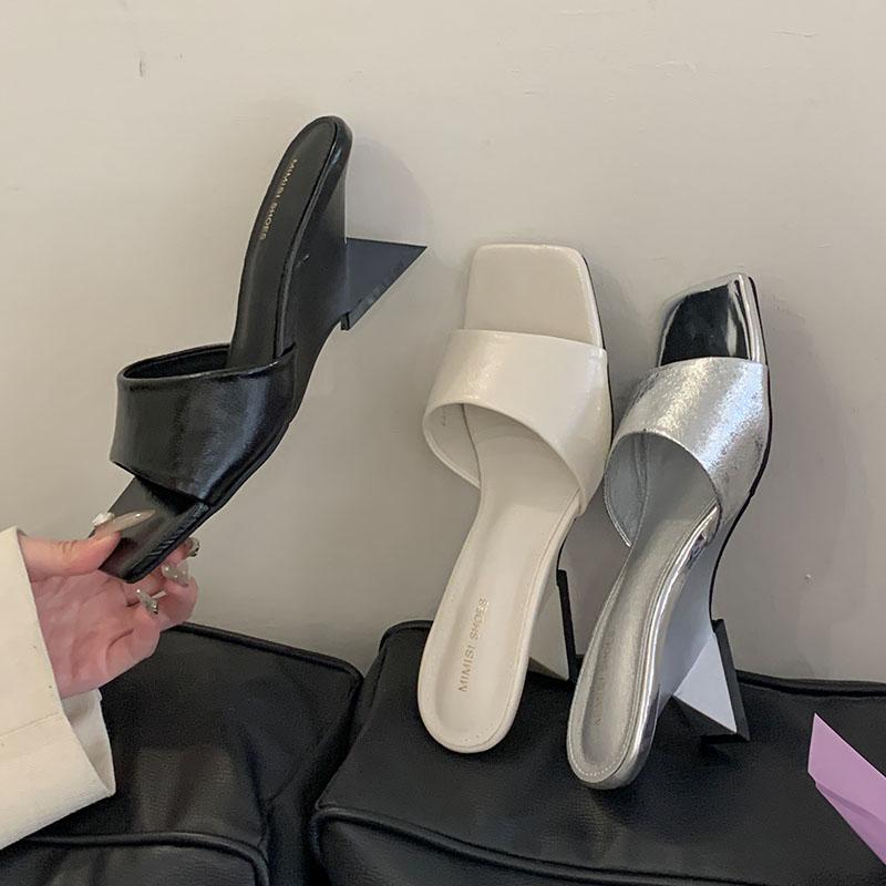 Mode Silber Schuhe Damen Keile Pantoletten Hausschuhe Schuhe Damen Sandalen Flach Mode Eckige Zehen Damen Keile Hausschuhe Schuhe