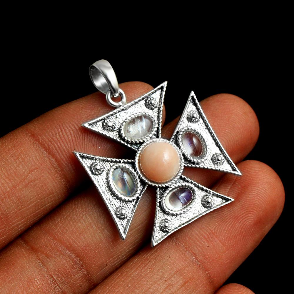 Pink Opal Moonstone Maltese Cross Pendant 925 Sterling Silver Handmade Jewelry