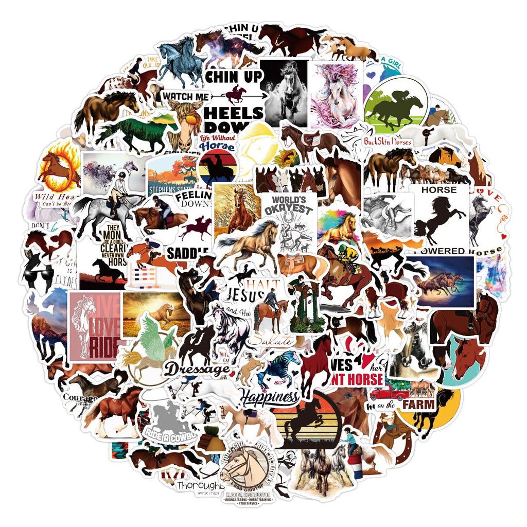 100-Piece Equestrian Graffiti Cartoon Horse Waterproof Stickers for Notebooks, Scooters, and Suitcases