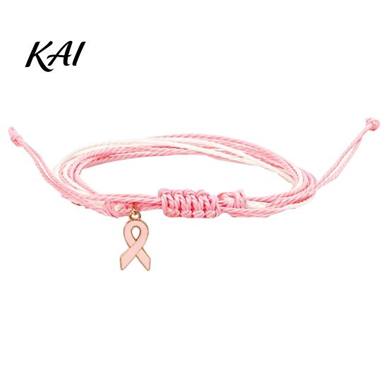 Pink White Cord Jewelry Breast Cancer Awareness Bracelet for Women, Adjustable Woven String with Heart Butterfly Alloy Pendants Ribbon Charm, Handmade