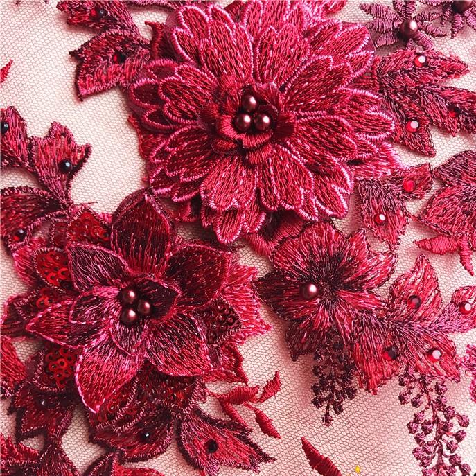 Brown Flower Fabric Applique Patch - 3D Embroidered Lace With Beads & Sequins, 14.8x9.8 Inch, For Sewing On Dresses & DIY