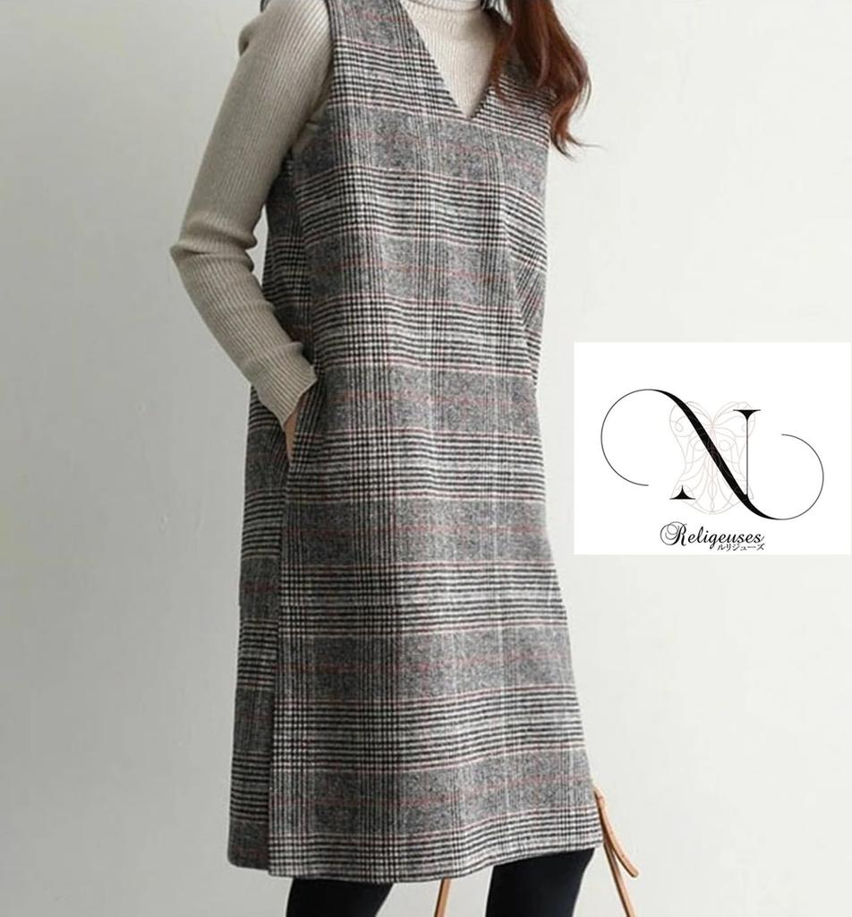 Religeuses Layered Tight Dress with Checkered Sleeveless Long Knit Dress Women's Print, V-Neck, (Medium)