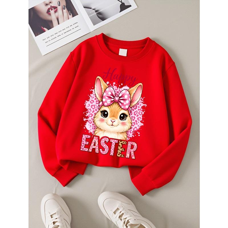 Kids Sweatshirt , Casual Sweatshirt Printed Round Neck Pullover, Happy Easter Bunny Pink Bow, Autumn and Winter
