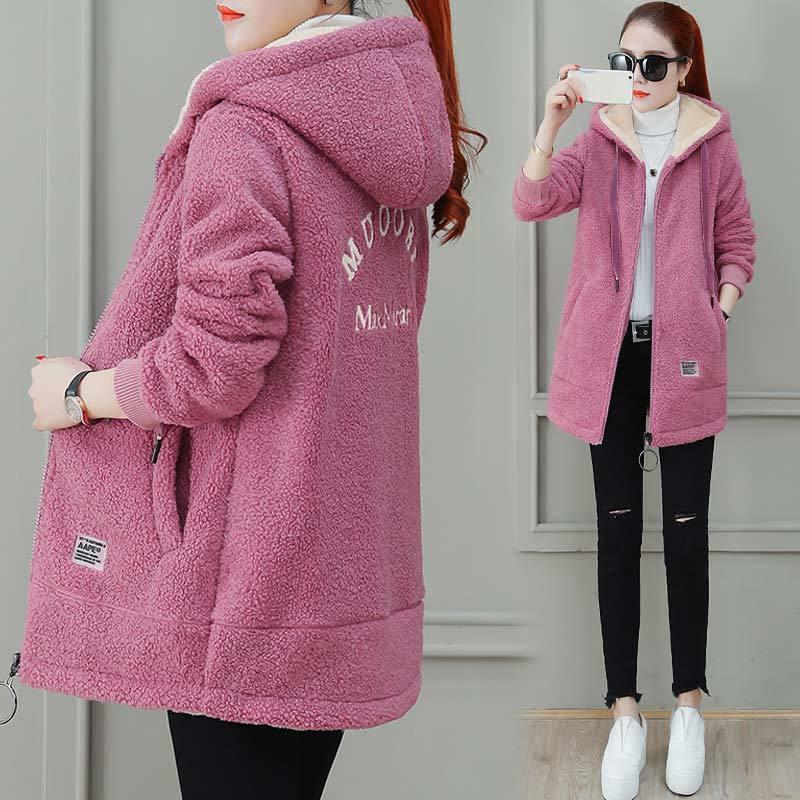 Thickened Fleece-lined Sweatshirt Women's Hooded Top Cardigan Winter Trendy Style Lamb Wool Jacket
