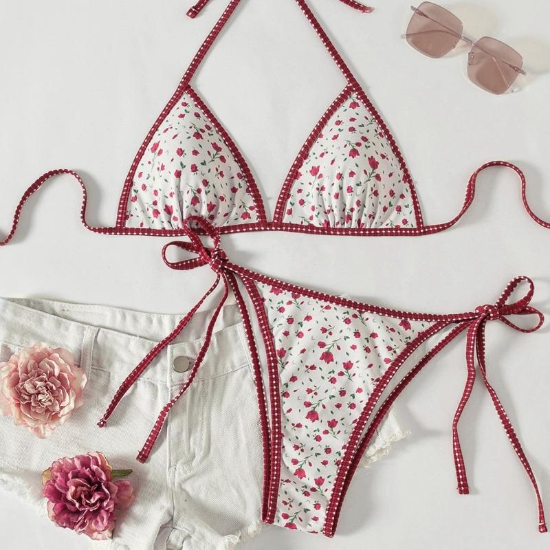 Swimsuit Women's New Floral Print Lace-up Sexy Girl Split Swimsuit