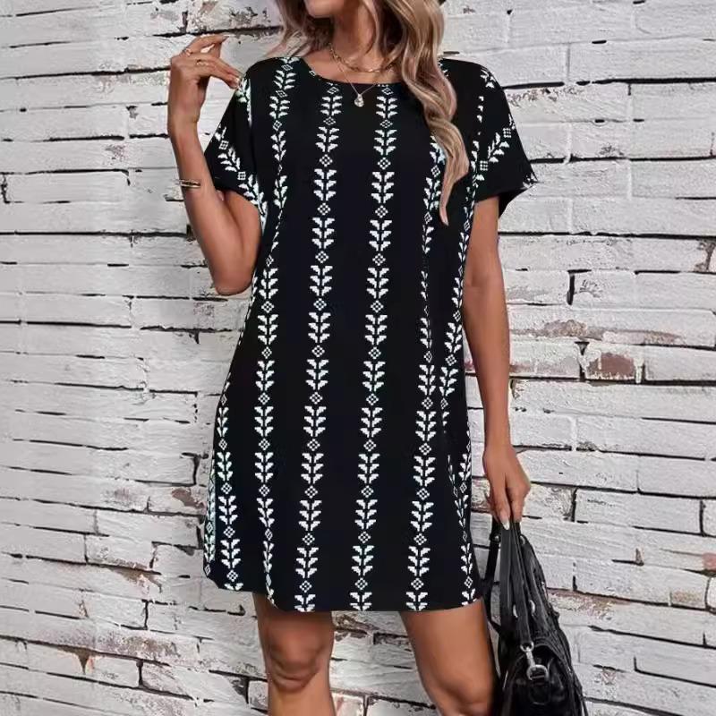 Women's Spring and Summer New Holiday Leisure Fashion Printing Bat Sleeve Round Neck Loose Dresses