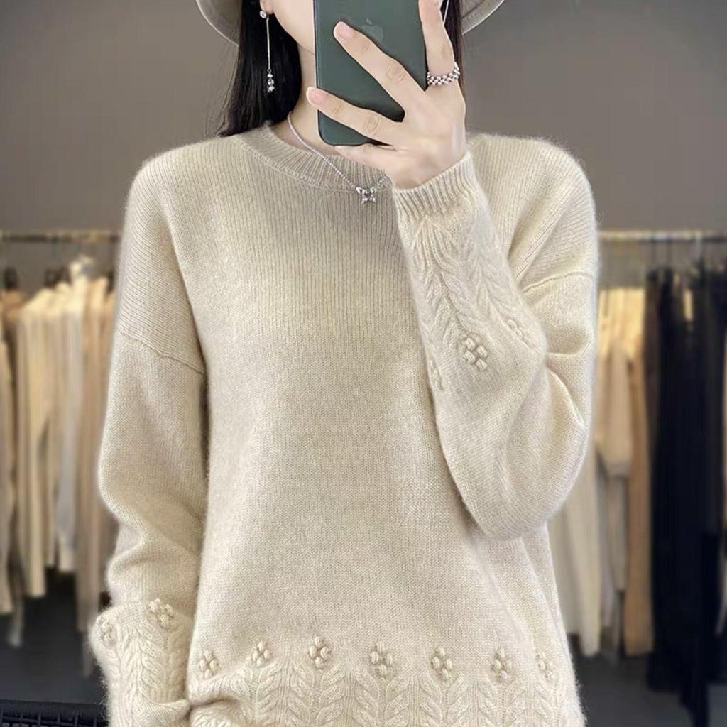 Rundhalspullover für Damen im Herbst und Winter, einfarbig, lockerer Jacquard-Pullover und Pullover mit weicher, klebriger Strickbasis