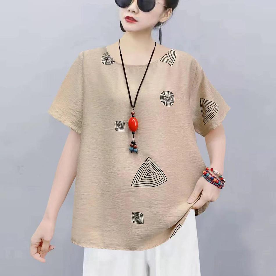 Chinese Women's Chinese Style T-shirt Long-sleeved Loose Cotton Short-sleeved Summer Blouse Ethnic Style