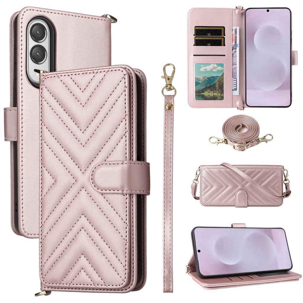 For Samsung Galaxy S25 Edge Wallet Case with Shoulder/Wrist Strap Leather Phone Cover Stand