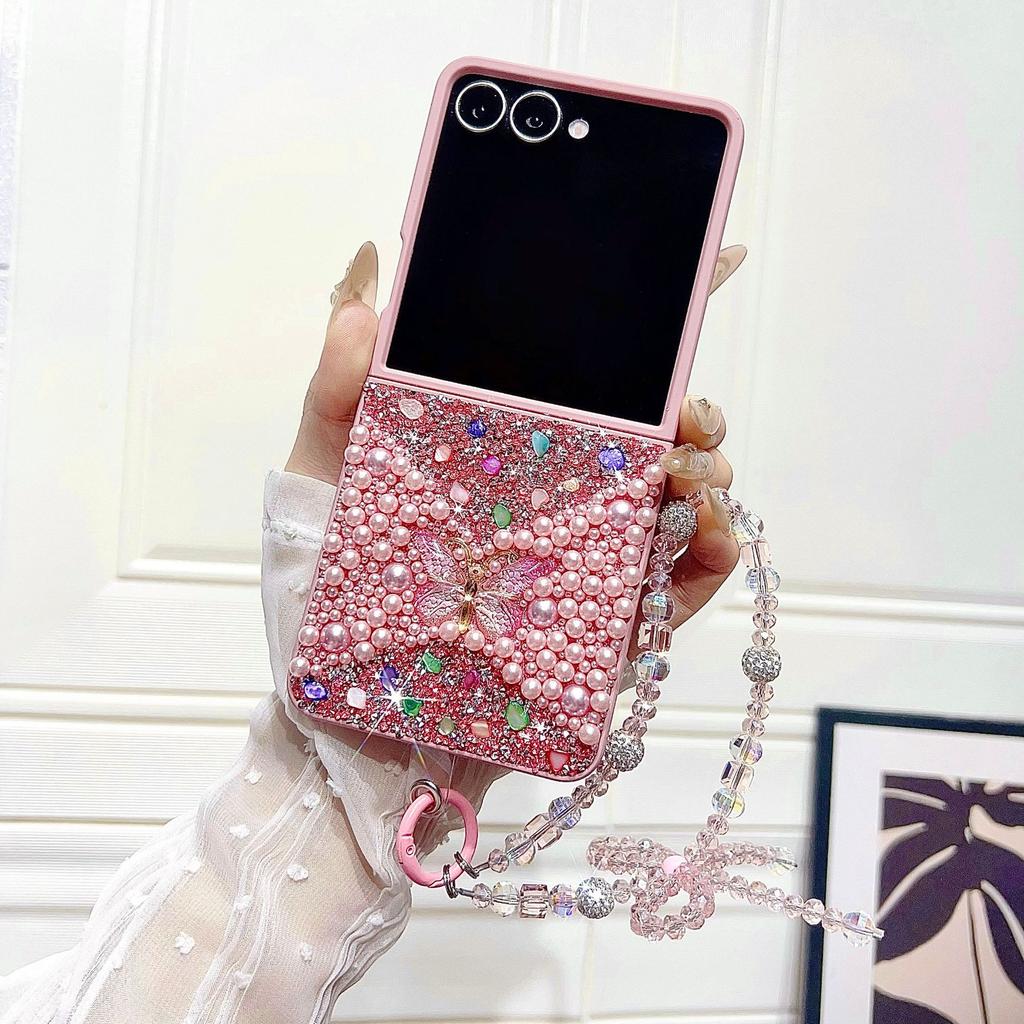Custodia per cellulare con farfalla di perla e diamanti scintillanti per Samsung Z FLIP7 catena di perline strass Z FLIP6/5 sensazione di pelle