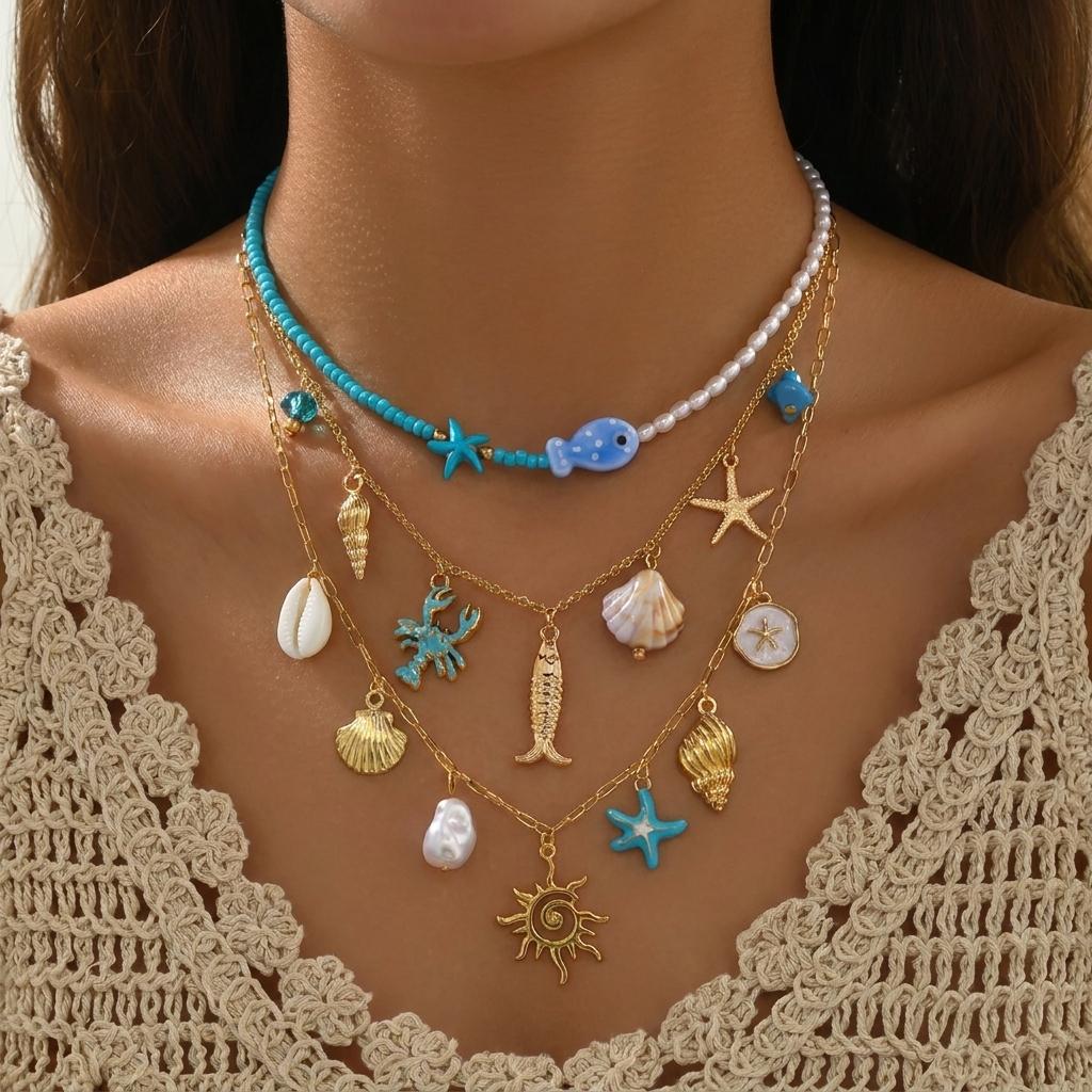 Summer Beach Style Layered Necklace For Women Blue Beaded Ceramic Fish Crab Starfish Shell Pearl Pendant Choker Vacation Jewelry