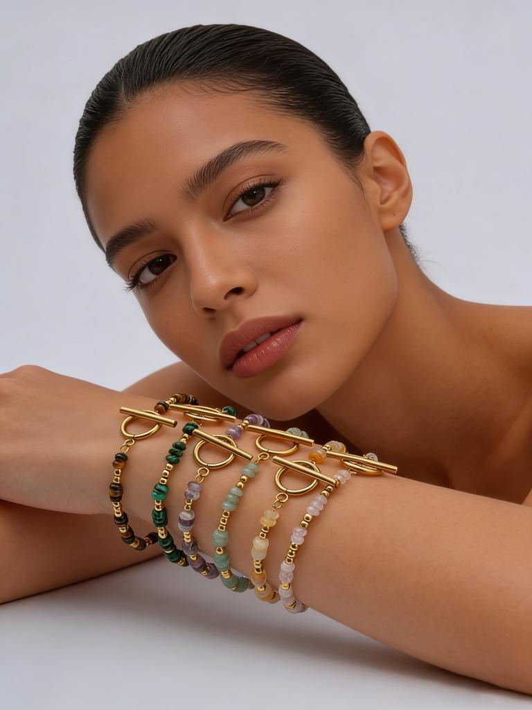 Dainty Boho Colorful Crystal Beads Bracelet for Women, Stainless Steel OT Buckle Natural Stone Bracelet, Exotic Handmade Jewelry