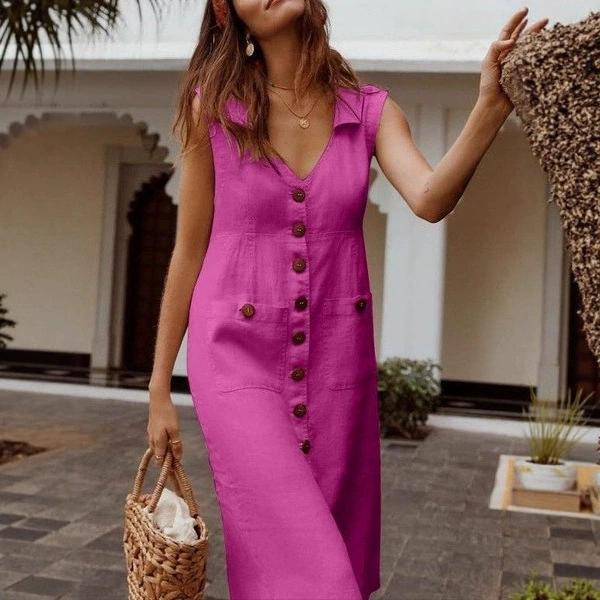 

Женское летнее миди-платье с лацканами, V-образным вырезом, без рукавов, платье-рубашка, повседневное, однотонное, на одной пуговице, с карманами 4XL розы красного