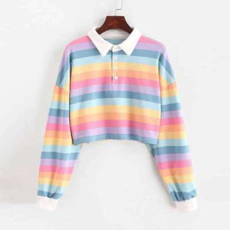 

Women Japanese Style Rainbow Striped Polo Long Sleeve Hoodie Button Down Shirt Sweatshirt XL рожевий