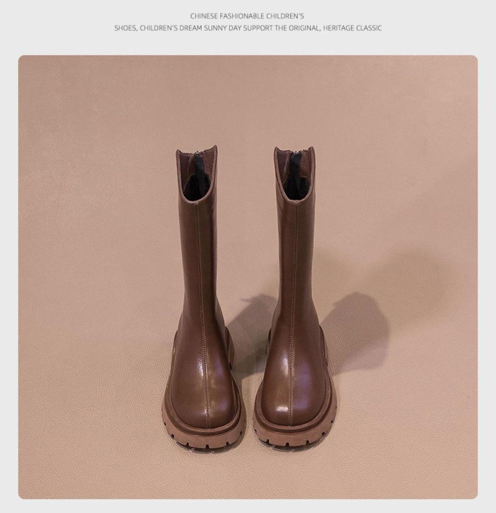 Girls' Knee-High Leather Boots: 2026 Autumn/Winter, High-Top, Plus Velvet.