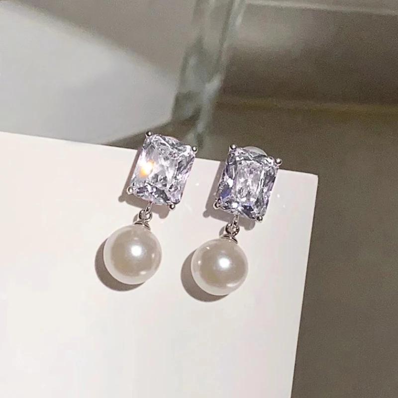 Huitan Elegant Bright CZ Drop Earrings with Imitation Pearl Female Trendy Delicate Ear Accessories Chic Wedding Bridal