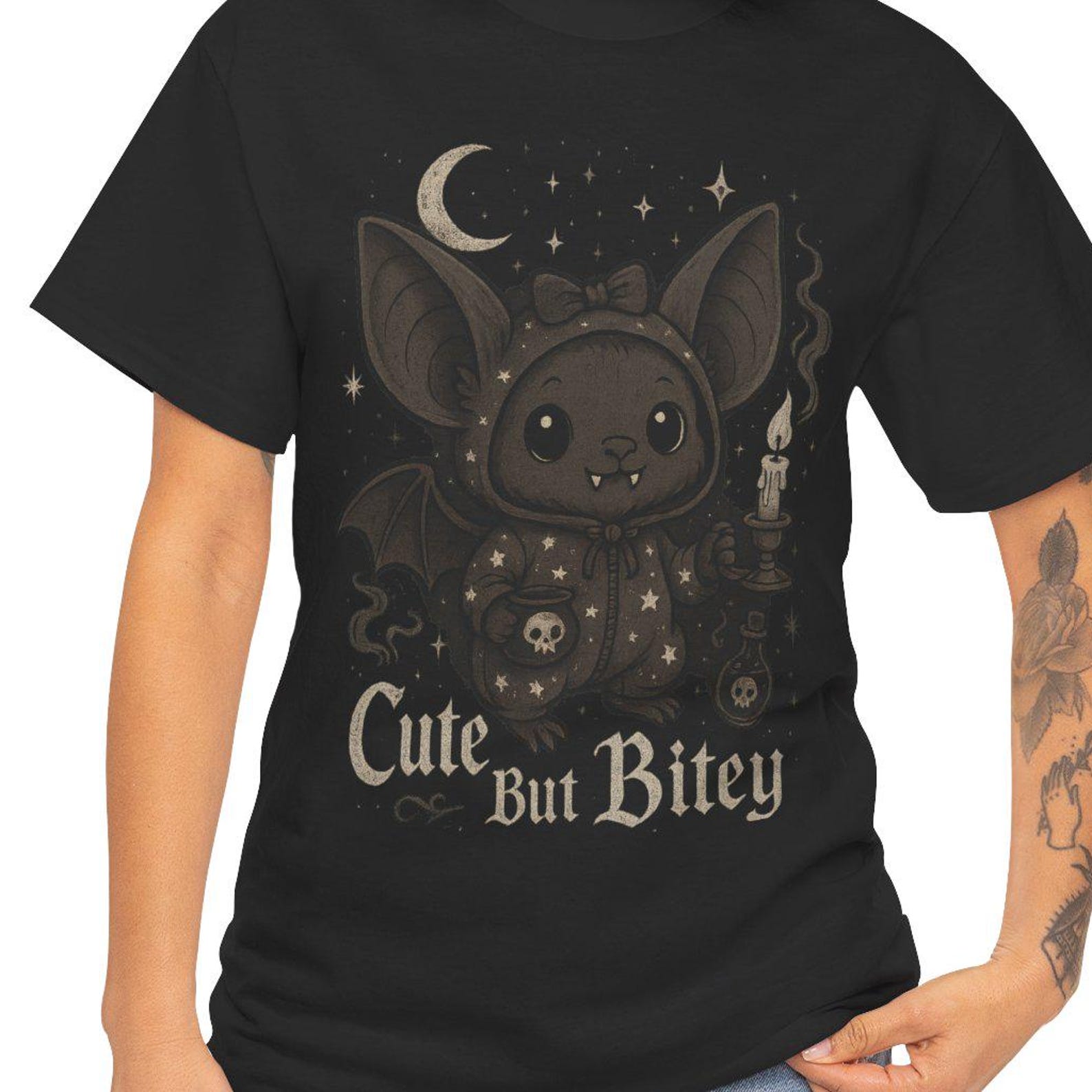 Funny Bitey Bat T-Shirt, Kawaii Goth Halloween Tee L