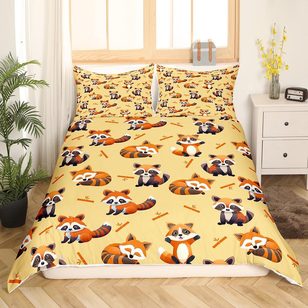 Cute Red Panda Duvet Cover King Size,Pink Love Stars Bedding Set Kawaii Cartoon Animals Comforter Cover Girly Sweet Quilt Cover