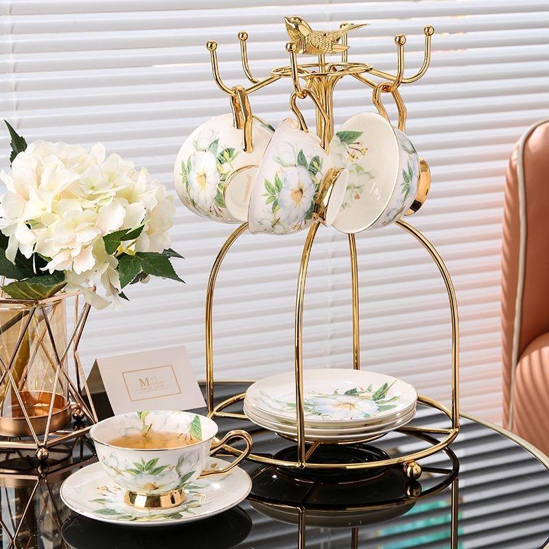 British Style Bone China Tea Cup and Saucer Set – Floral Ceramic Coffee Cup with Golden Rim and Spoon