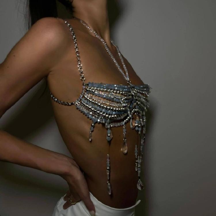 Crystal Beaded Tassels Layered Necklace Halter Neck Chest Chain Shimmering Body Jewelry Camisole Bralette For Women