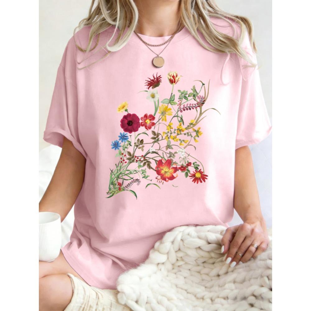 Beautiful Flowers Born In The Sun Print Women T-Shirts O-Neck Y2K Short Sleeve Cotton Casual T Shirt Oversized Clothes