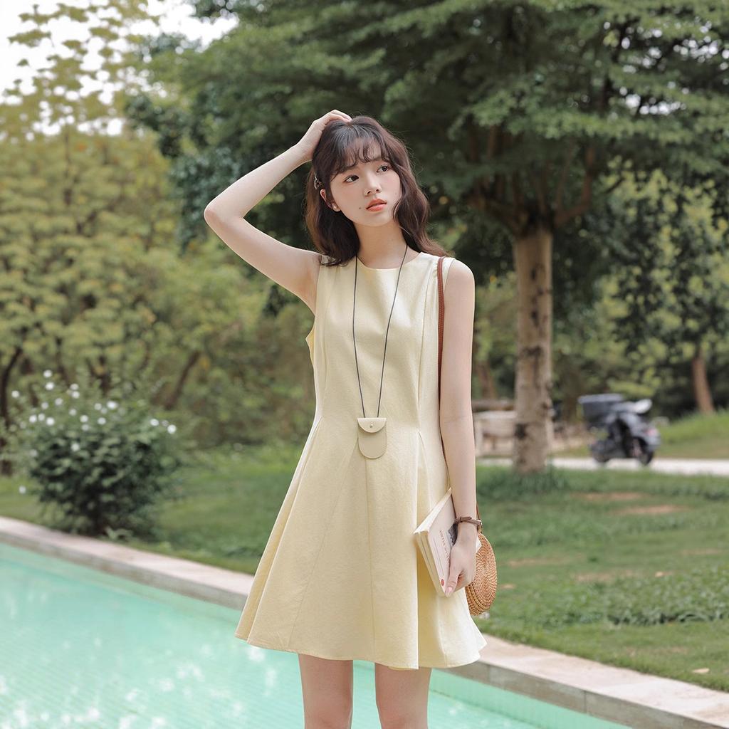 Summer Gentle Sleeveless Crew Neck Waist Dress Women's Small Skirt