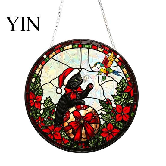Acrylic Holiday Hanging Decorations Christmas 2D Suncatcher, Stained Glass Style Black Cat Window Hanging, Decorative Wall Plaques Colorful