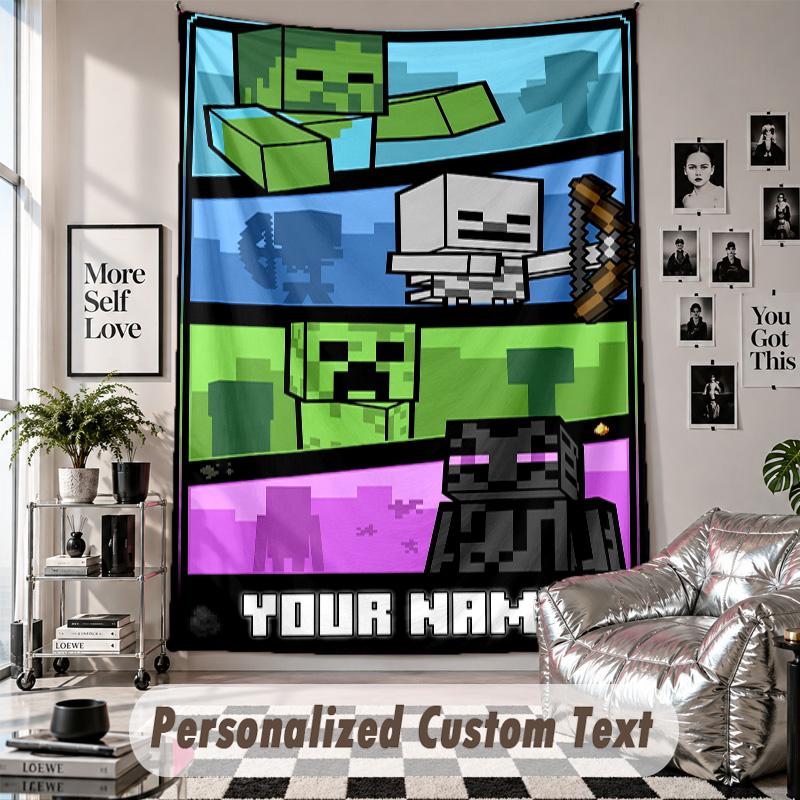 Wall Hanging Tapestry With Custom Name & Text, Minecraft Decorative Tapestry For Bedroom