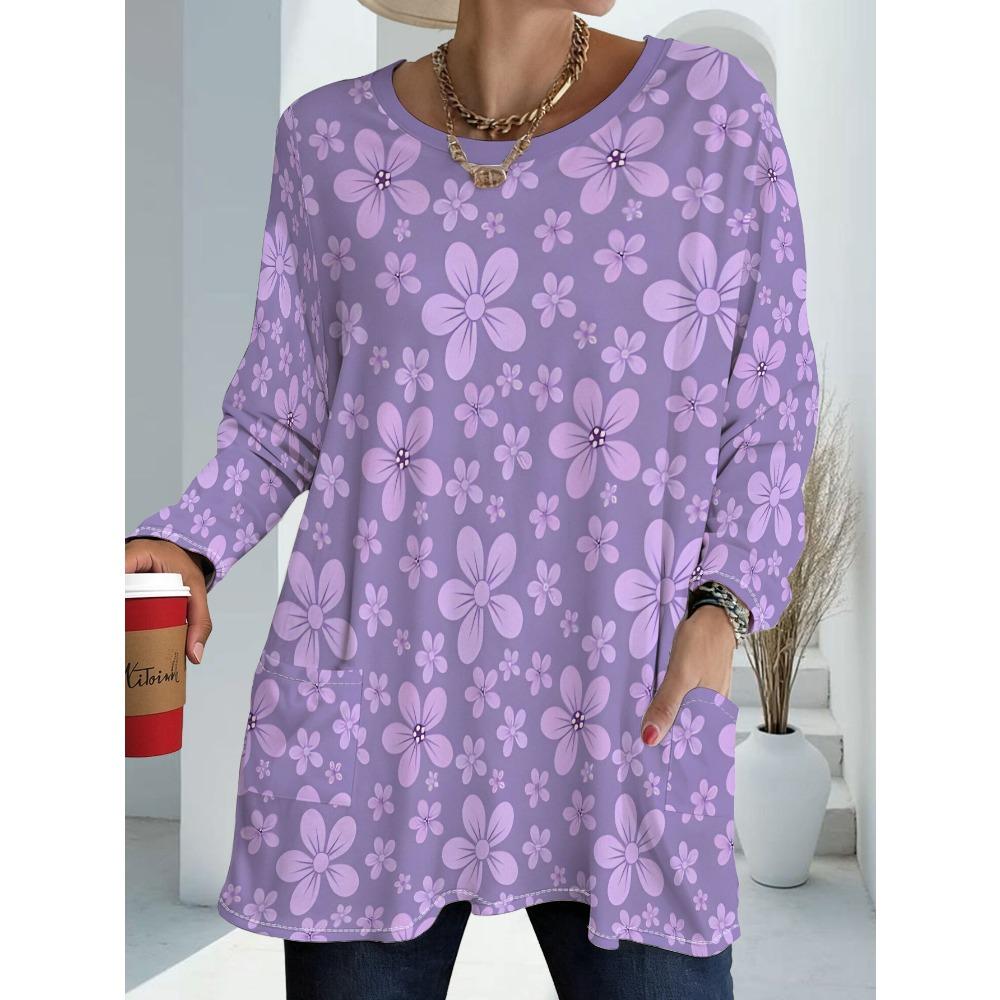 Women's Large Size with Pocket Design Purple Floral Print Loose Long Sleeve T-Shirt, Women's Casual Versatile Top