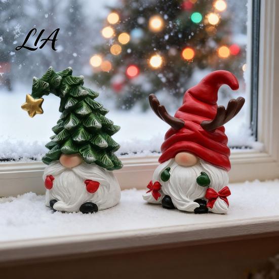 Wooden Gnome Ornaments Christmas Figurine, Resin Tomte with Tree Hat & Reindeer Double Sided Printed Decorations Antlers, Holiday Tabletop Decor