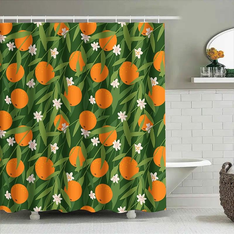 Green Leaves Orange Shower Curtain With White Flower Print Pattern For Bathroom Decor Modern Style Home Decoration Window Coveri