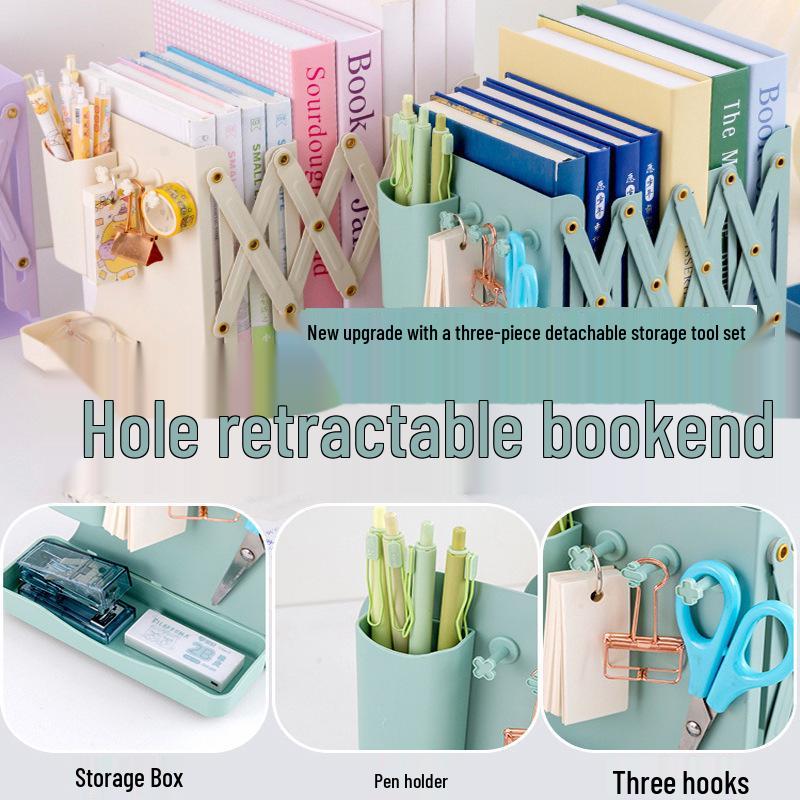 Telescopic Metal Book Stand with Pencil Case for Office Desktop Storage