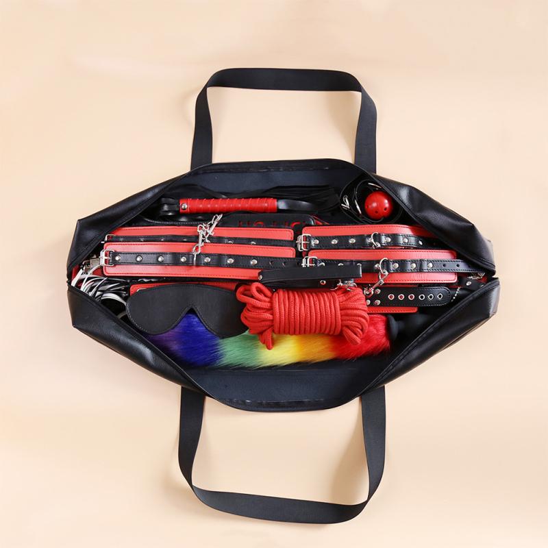 Leather Travel Bag Sex Love Bondage Restraints Game Kit Adult Toy Handcuffs Whip Rope Large Capacity