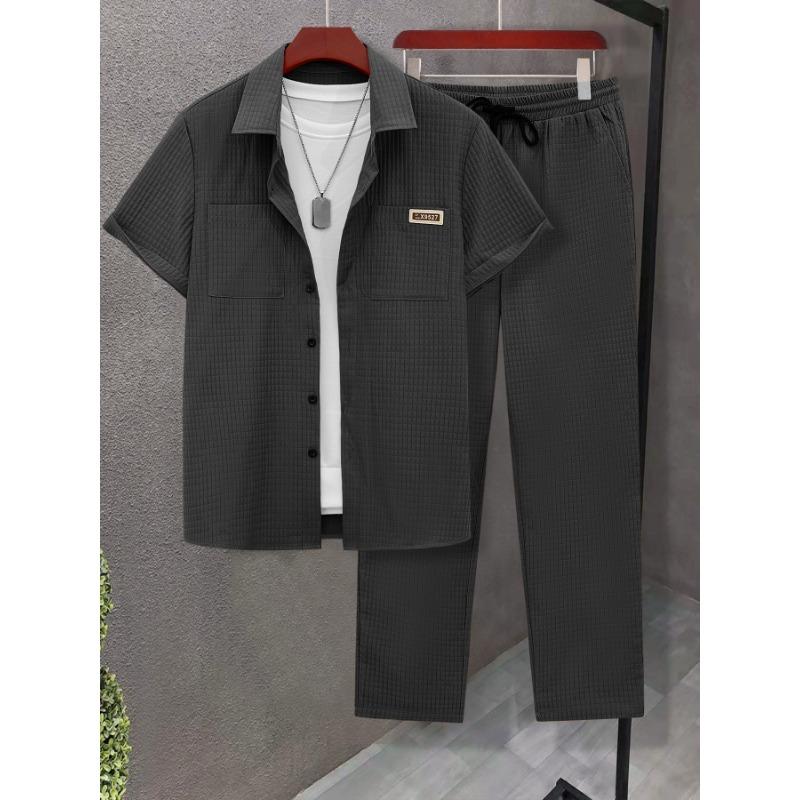 Men's Spring Summer Waffle Texture Two Piece Set Casual Short Sleeve Shirt and Pants Outfit