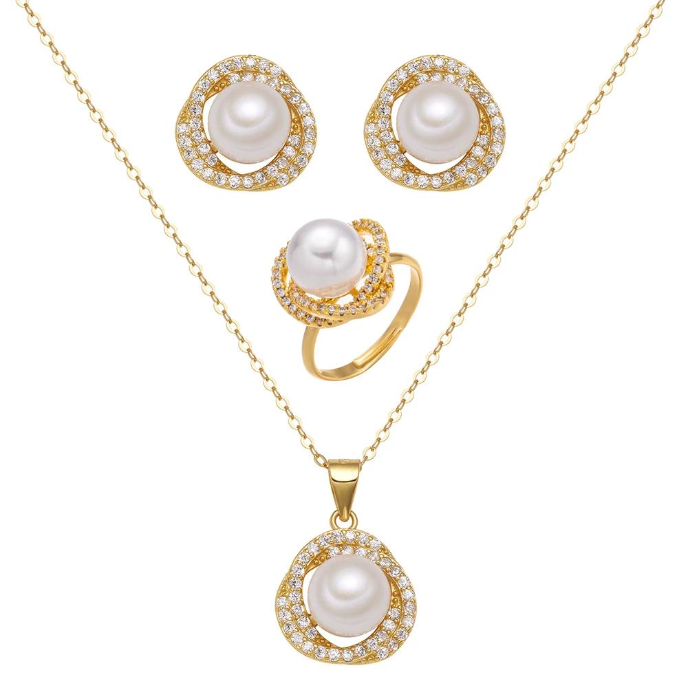 Winding Three-piece Light Luxury Pearl Rhinestone Set High-end Temperament Necklace Ring Earrings Fashion Versatile Jewelry