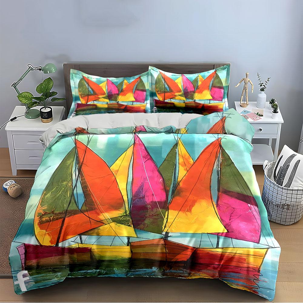Colorful Sailboat Painting Bedding Duvet Cover Set Duvet Cover Pillowcases  (1*Duvet Cover 2*Pillowcases, Without Duvet Insert)