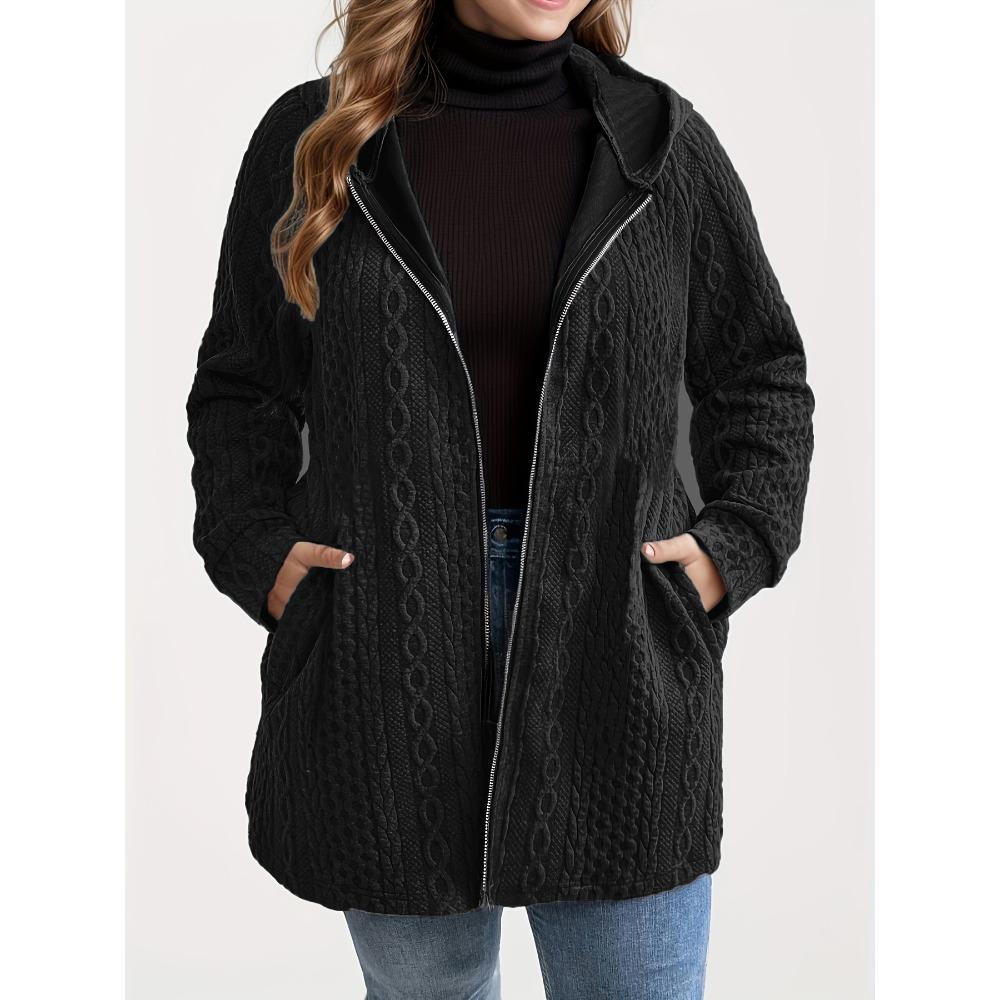 Women's Plus Size Cable Knit Hooded Jacket Zip Up Long Sleeve Casual Coat With Pockets