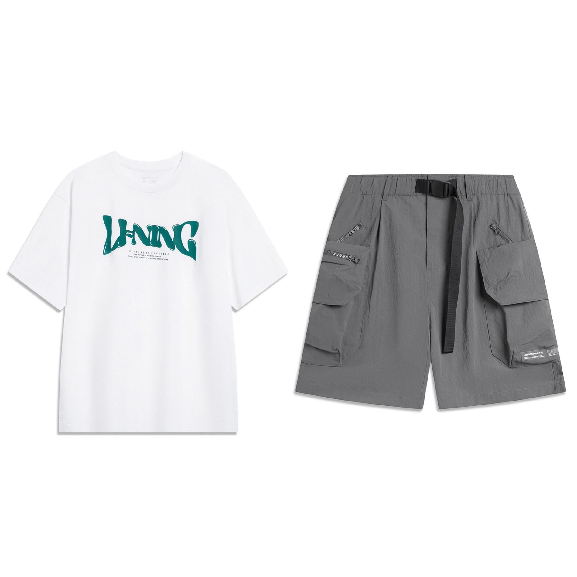 

Adidas Letter Print Pullover Crew Neck Top And Elastic Waist Cargo Shorts Casual Sports Set Men Set AHSU747-2+AKSU639-1 L