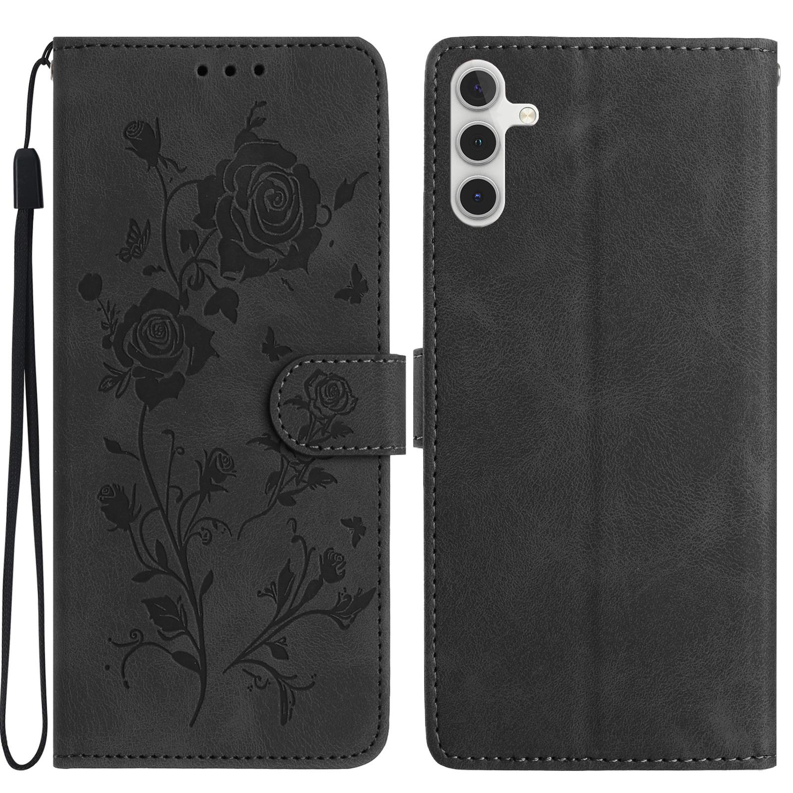 

For Samsung Galaxy A25 5G (Global) (161.0 x 76.5 x 8.3mm) Wallet Case Rose Pattern Imprinted Leather Flip Stand Phone Cover Black