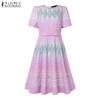 ZANZEA Damen Sommer Casual Rundhals Kurzarm Print Kleid