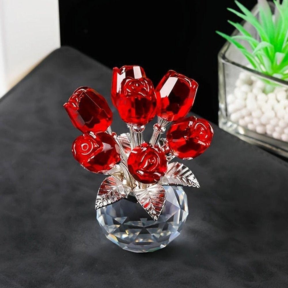 Crystal Rose Sculpture Colorful Reflect Rose Bouquet Ornaments Handmade Small Desktop Floral Decorations Valentine's Day