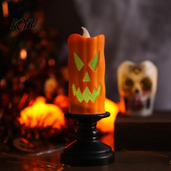 Flameless Halloween Decoration Lights LED Candle, Spooky Skull Pumpkin Fake Pillar Candles, Battery Operated Candles 3D Flickering Candle Light