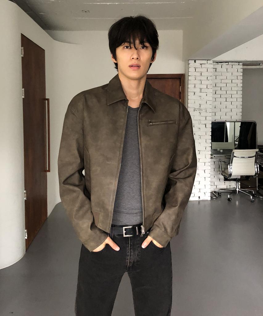 Veste Blouson Col en Cuir Daim THEY_Marron
