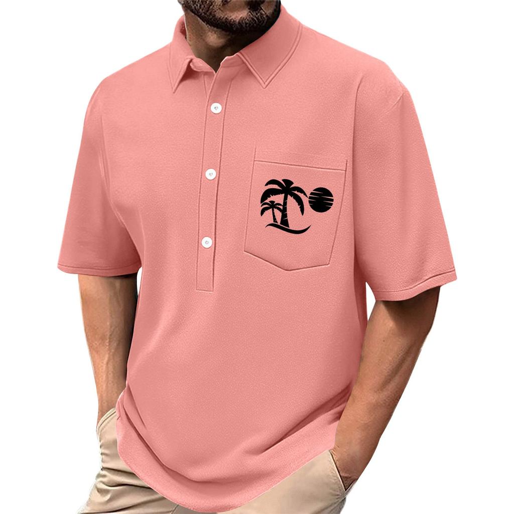 Men's Summer Solid Color Print Four-sided Stretch Lapel Button Pocket Shirt Casual Sports Short-sleeved Top