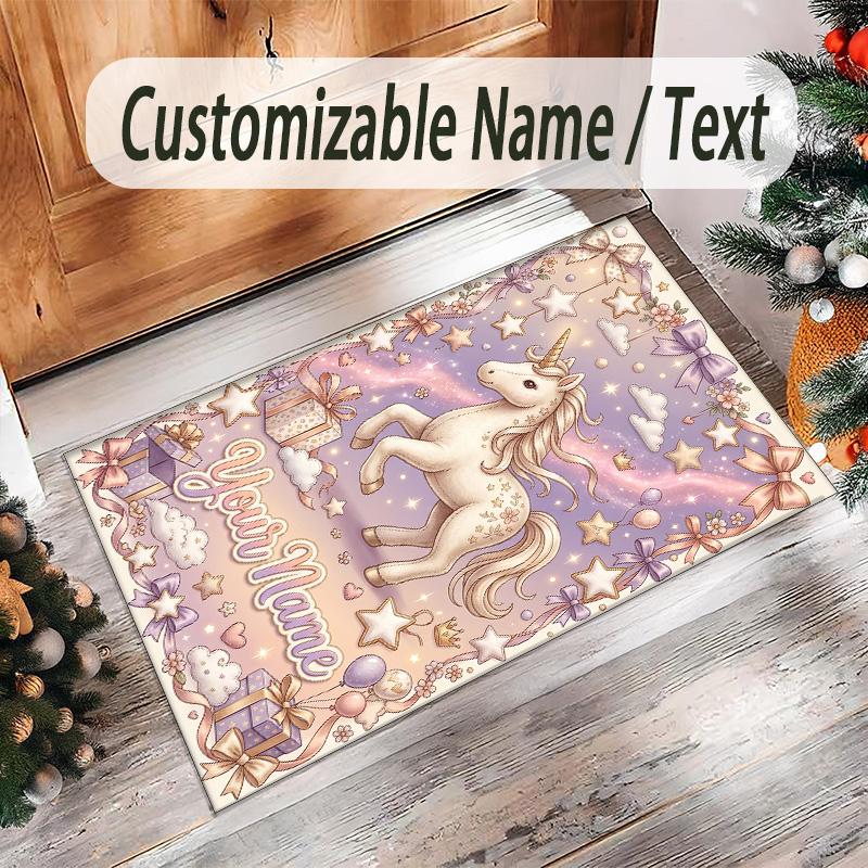 Alfombra de Suelo de Terciopelo de Cristal con Temática de Unicornio, Alfombra Cálida Personalizada con Nombre y Texto, Decoración del Hogar